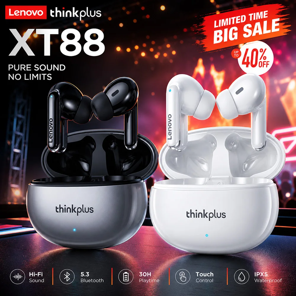 Lenovo XT88 TWS Wireless Earphones Bluetooth 5.3 Dual MIC Stereo Noise Reduction Bass HIFI Touch Control Earbuds fashion2026 NEW