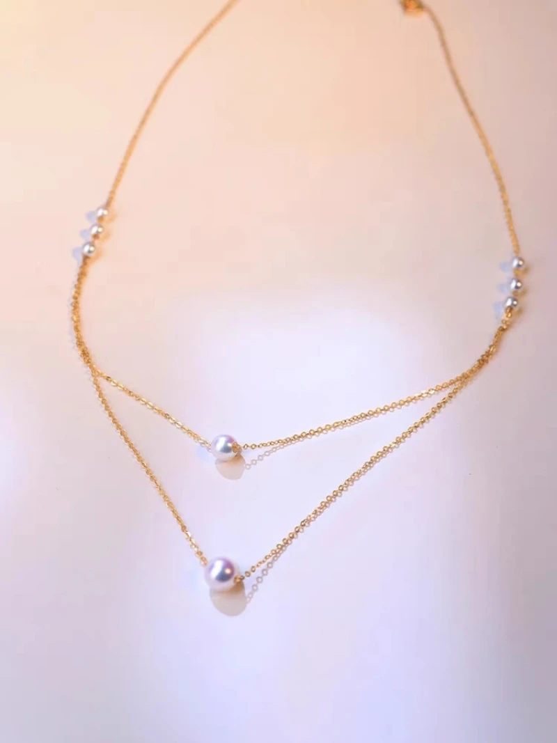 

Real 18K Gold Natural Akoya Seawater Pearl Necklace Elegant Women's Gift Pure AU750 Banquet Wedding Engagement DC1035
