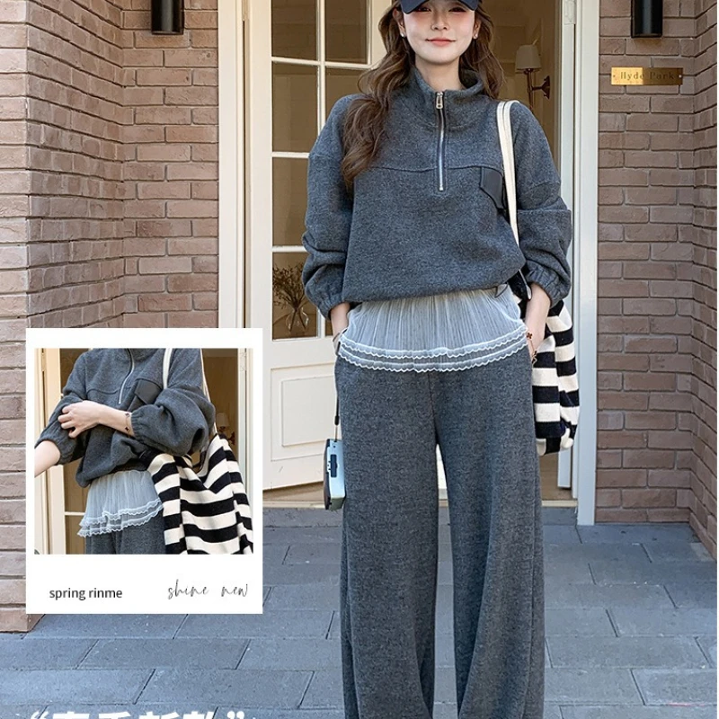 Fashion Simple Design Sense Two piece Set Women Autumn 2025 New Half Zipper Pullover+Lace Splicing Casual Sports Pants