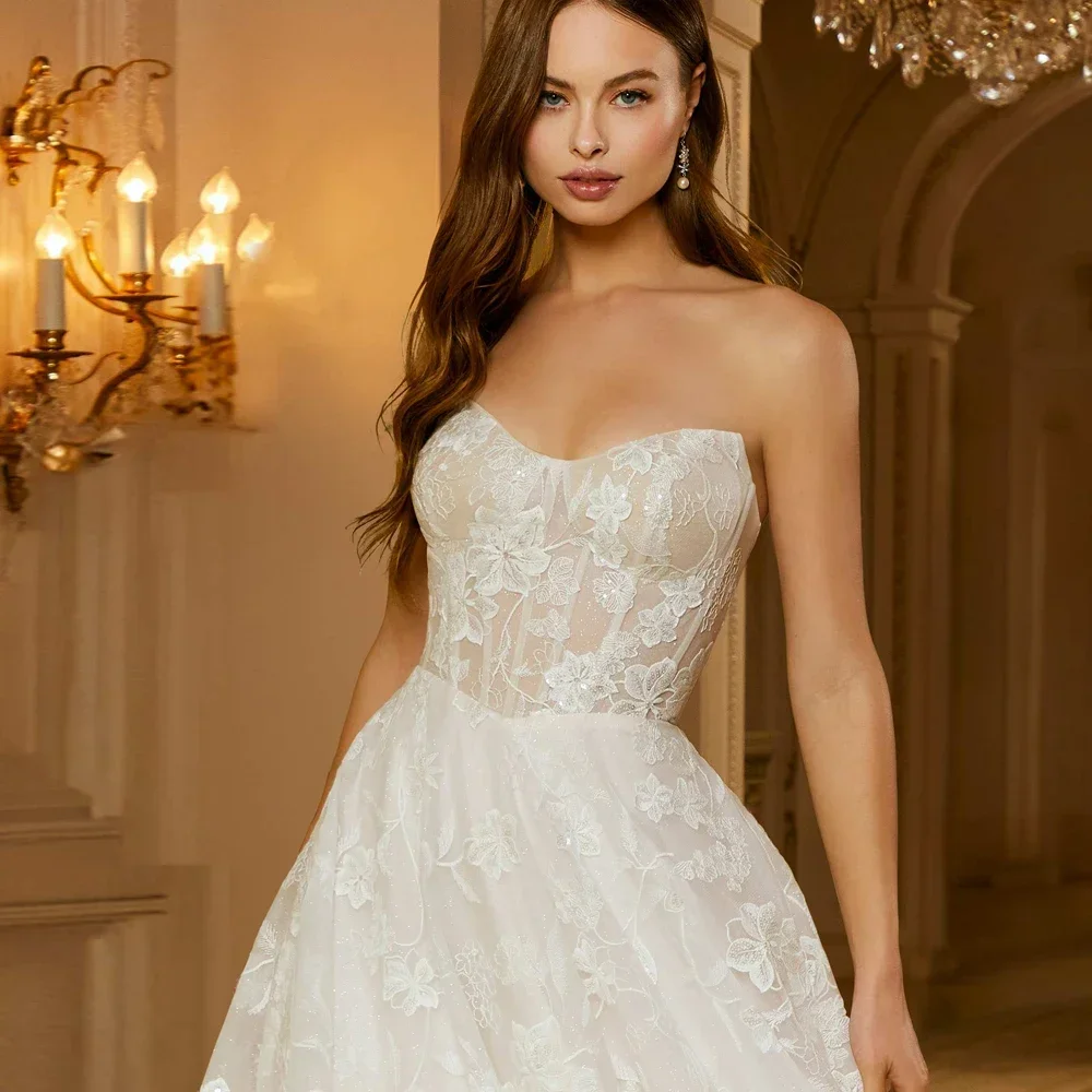 Flavinke Maßgeschneiderte elegante exquisite A-Linie trägerlose Brautkleider Applikation Blumenspitze Brautkleidern Vestidos De Novia