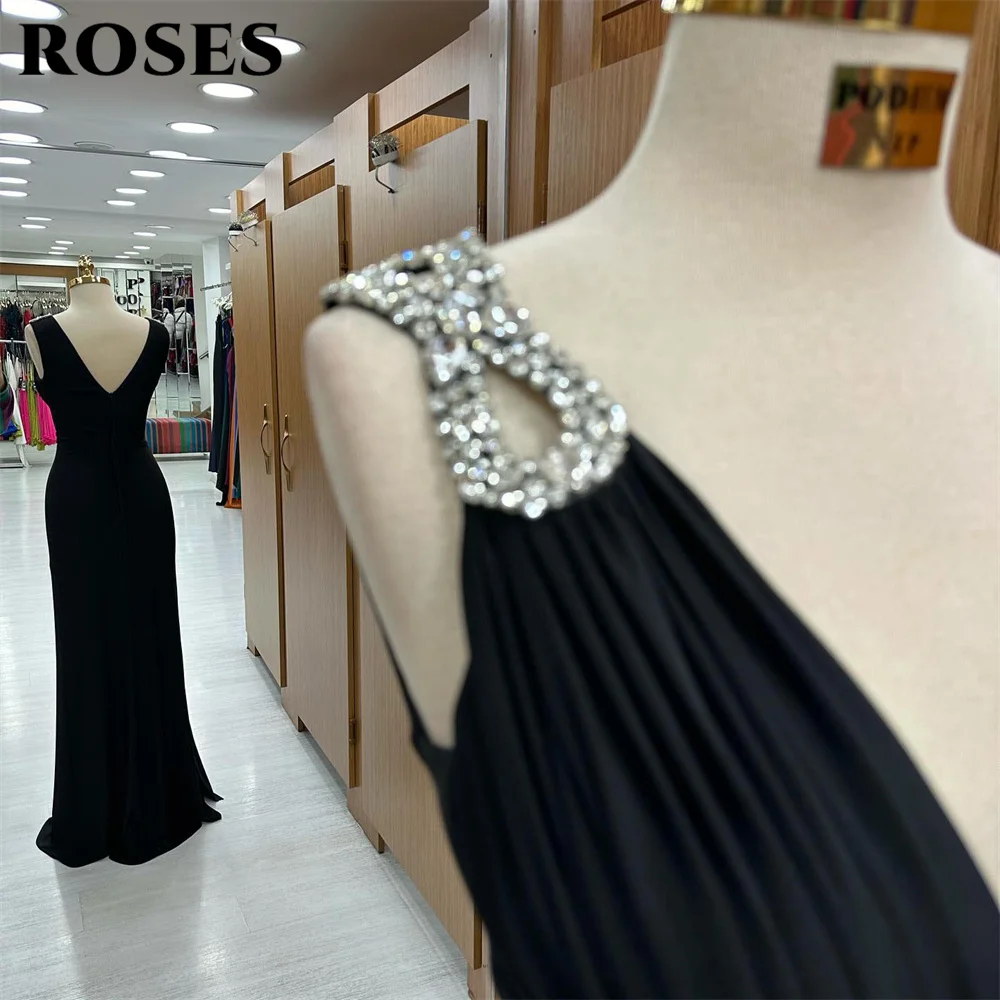 ROSES Black Stain Beach Prom Dresses Glitter Tank Sleeveless Party Dresses Pleat V Neck Formal Dress Floor Length فساتين السهرة