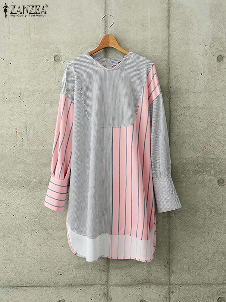 بلوزة نسائية طويلة غير متماثلة على الموضة من ZANZEA لخريف 2025 سترة مطبوعة مخططة وياقة ثابتة بلوزات فضفاضة كبيرة الحجم غير رسمية #3