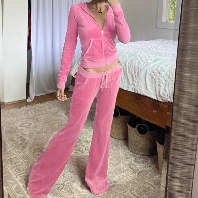 2024 Autumn New Collection Hooded Zipper Open Umbilical Coat Tethered Hip Lifting Bellbottom Pants Velvet Two Piece Set