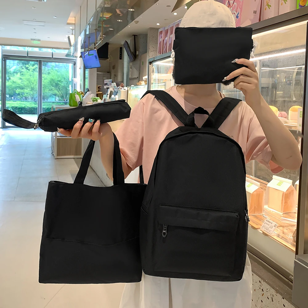 

4Pieces Casual Backpack K-Style Ins Junior High School Student Large-Capacity Backpack Japanese Style Simple Versatile College Student Backpack
