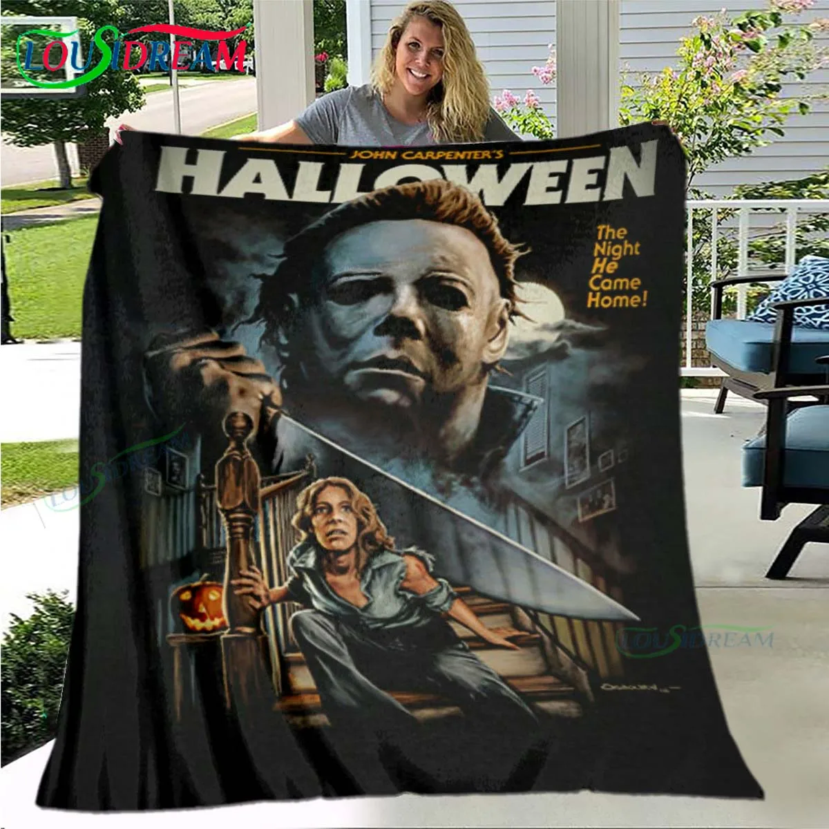 

Horror Movies Halloween Michael Myers Pattern Blanket Flannel Thin Blanket Portable Home Travel Office Lunch Break Blanket Gift