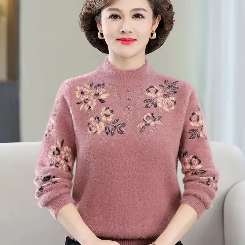 Maglione da donna alla moda Nuovo autunno inverno Camicia con fondo simile al visone Pullover lavorato a maglia Maglioni lavorati a maglia per madre di mezza età femminile