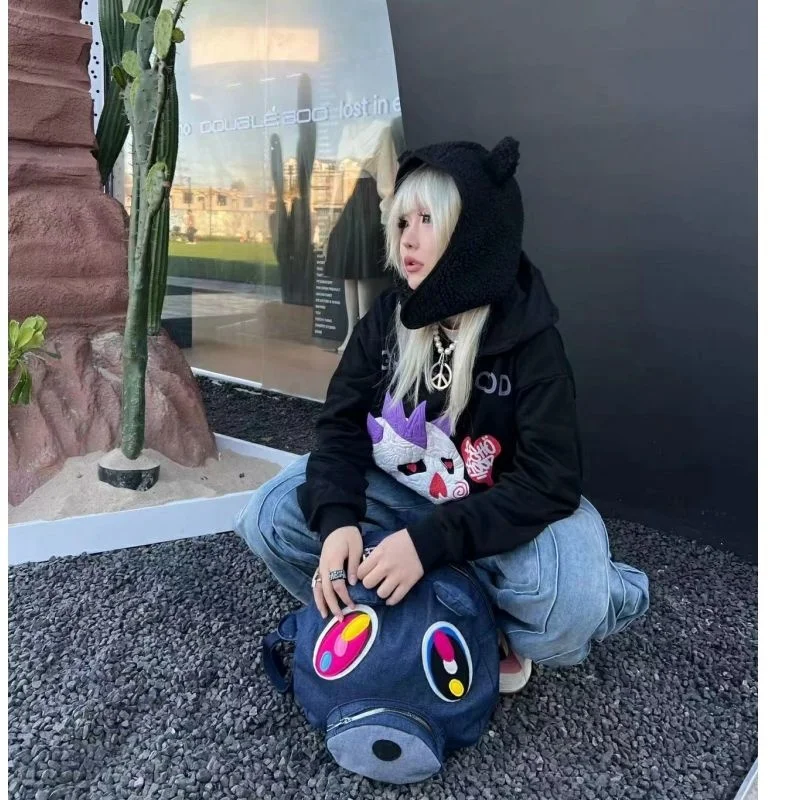 Y2K Dropouts Bear Backpack Large Capacity Denim Cute Kanyes Boy Girl Schoolbag Plush Fashion Cartoon Backpack Street Storage Bag