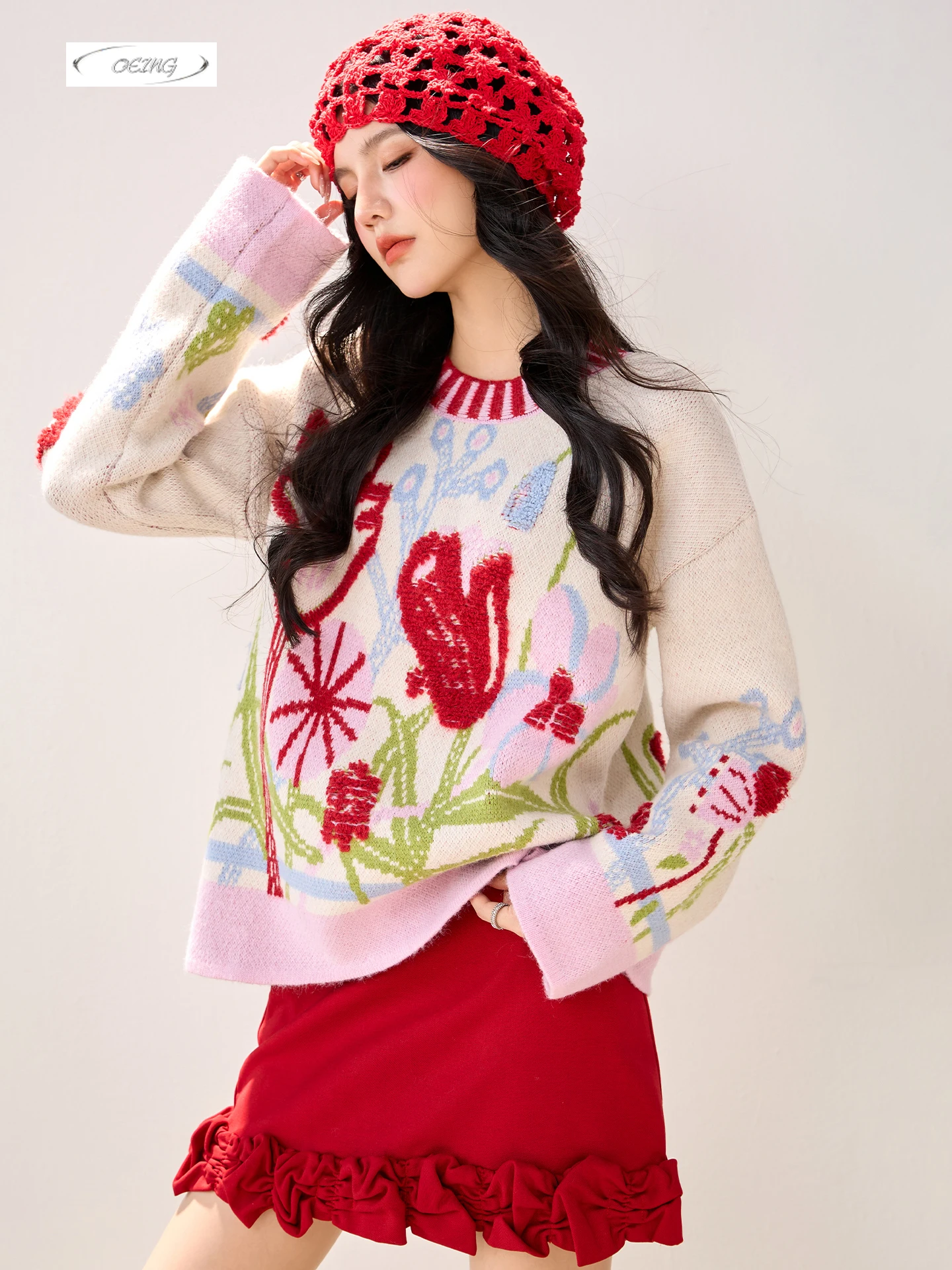 

Winter O-neck Loose Fitting Pullover Embroidered Knitted Sweater for Women Y2K Sweet Long Sleeve Knitted Tops Knitwear 6045