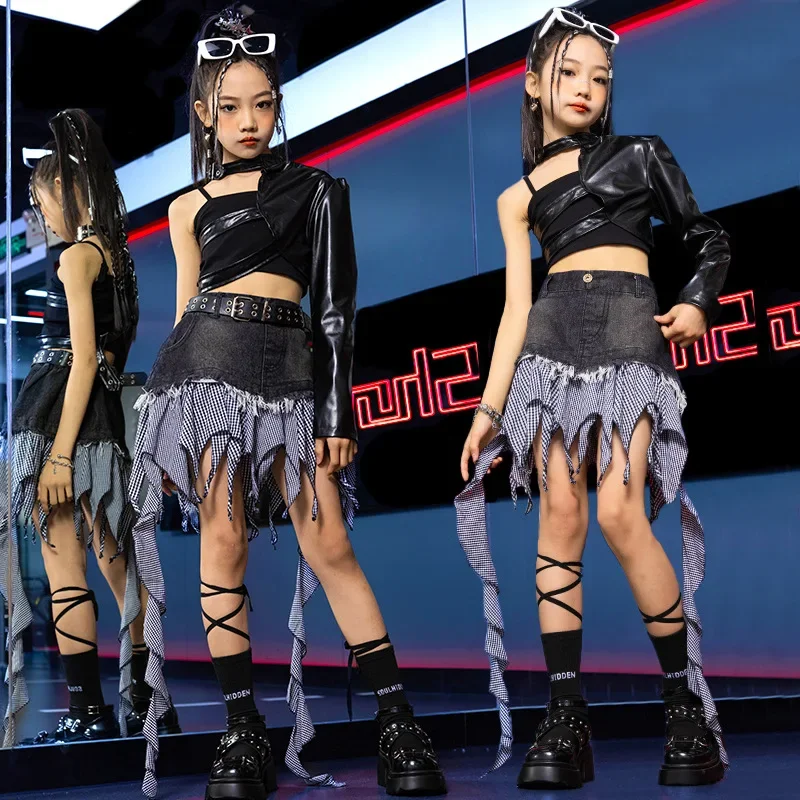 Disfraz de Hip Hop para niñas, cubierta de media manga de cuero, falda Irregular para niños, ropa de Jazz, conjuntos de escenario de baile callejero