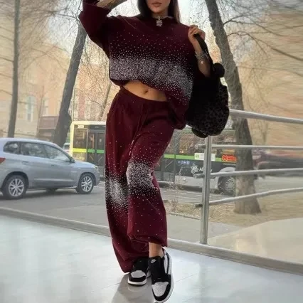 

2026 Casual Pants Women Autumn New Loose Slimming Set Burgundy Color Elegant Design Fashion Versatile Temperament Casual