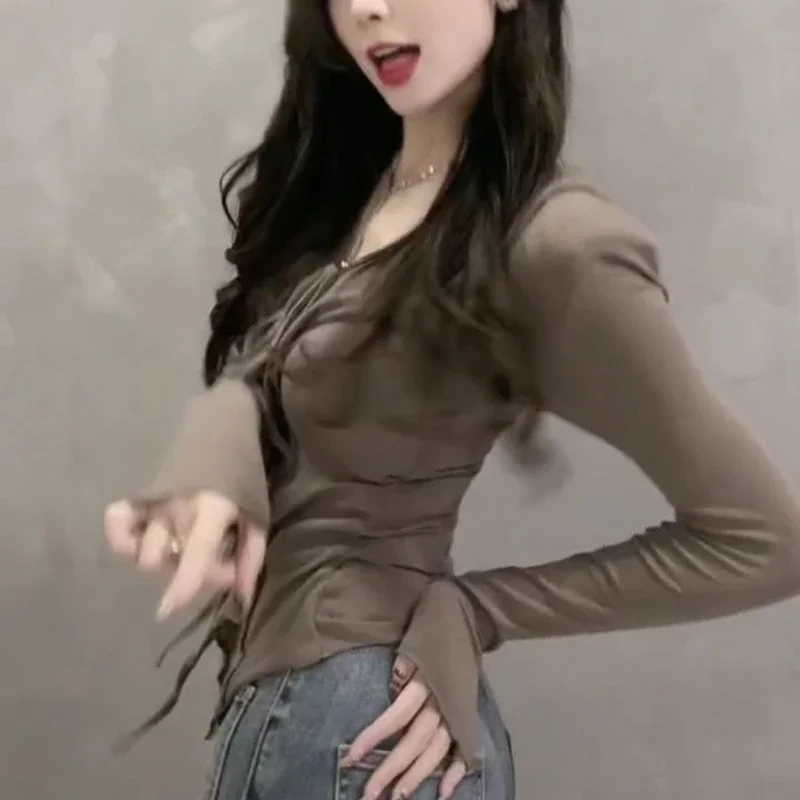 

Blouse Women Long Sleeve Tunic Ruffles Bandage Temperament Tops 2025 Blusas Mujer De Moda Fashion Irregular Summer Blouses Shirt