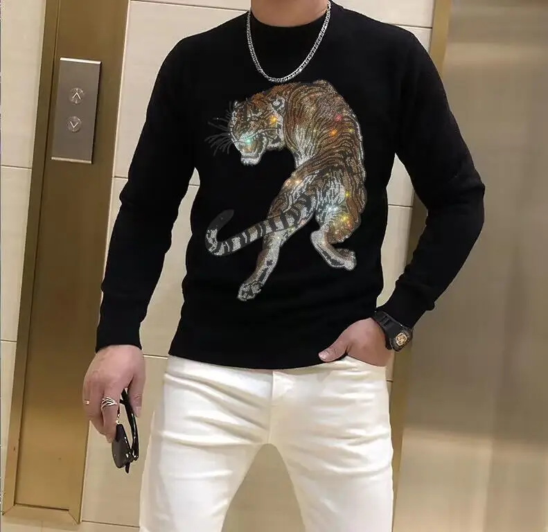 

Sweaters Men New Fashion Rhinestone Casual O-Neck Slim Cotton Knitted Mens PLEIN ALI Sweaters Pullovers Men Brand Clothing