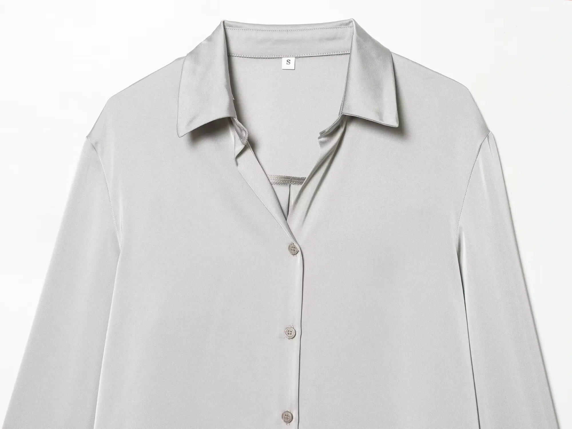 Kondala chique moderno elegante cetim luxuoso blusa prateada em linha reta professor camisa moda 2025 outono senhora do escritório camisa feminina