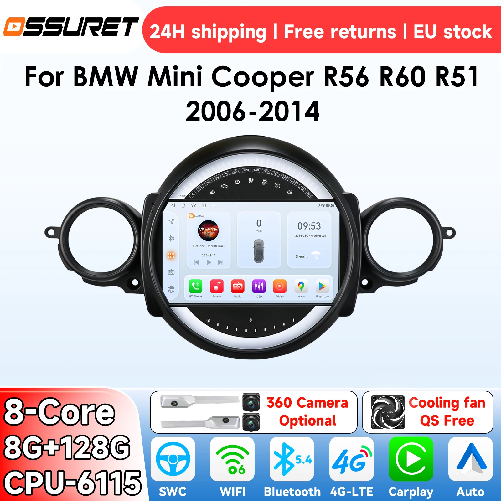 Radio OSSURET AI Android 14 para coche BMW Mini Cooper R56 R60 R51 2006-2014, sistema inteligente Carplay, reproductor multimedia de vídeo, GPS 4G 6115 1