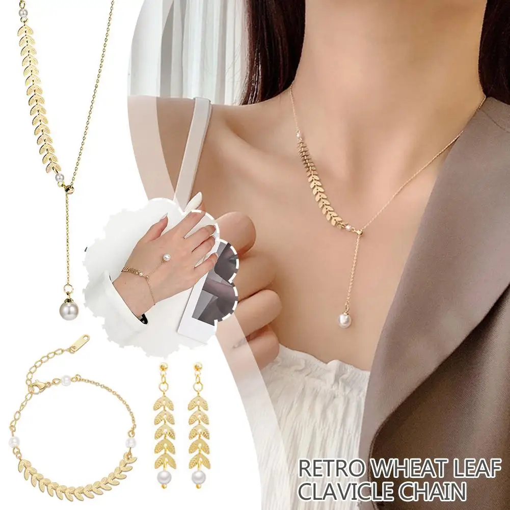 3 Pcs/ Set Retro Wheat Leaf Clavicle Chain Earings Bracelet Set Sexy Sling Accessories Korean Wheat Jewelry Set For Women H4Z0