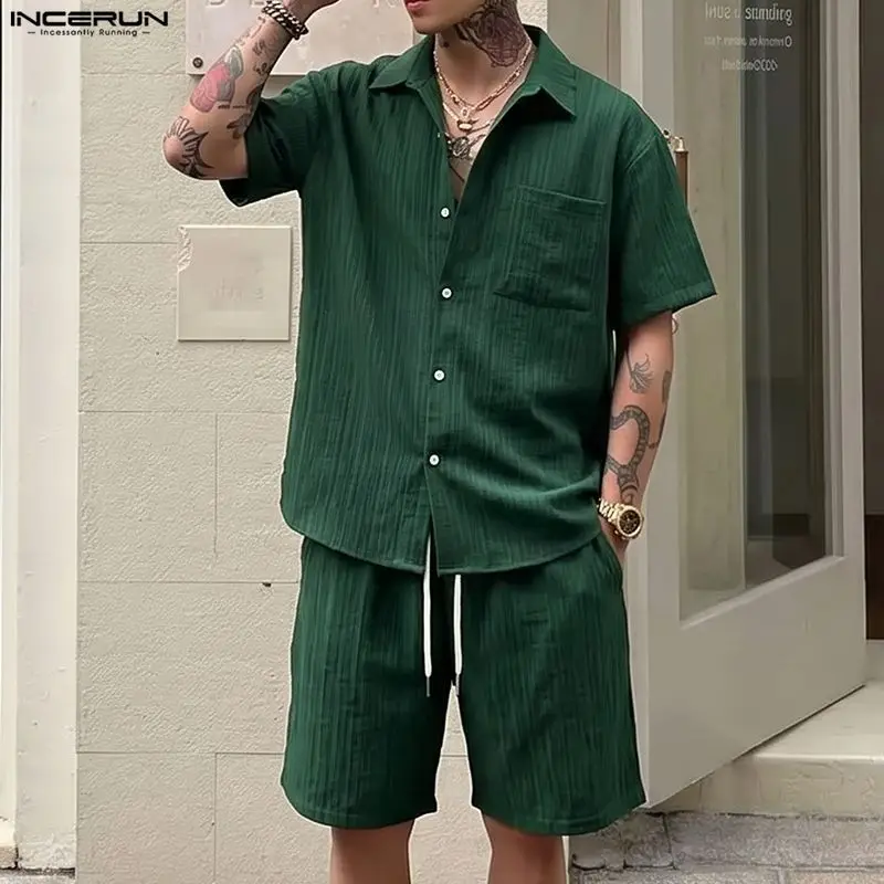 INCERUN Men's Sets Solid Lapel Short Sleeve Shirt Shorts Two Piece Sets Streetwear Loose Summer 2026 Casual Men Matching Sets view 2