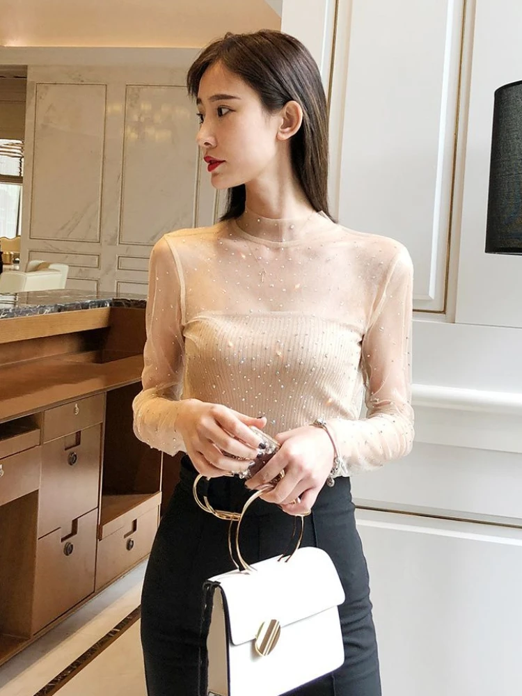 2024 Black Mesh Slim Sexy Female Tops Sequin Tshirts Rhinestone Clothes Glitter Women\'s T Shirts Turtleneck White Tees One Piece