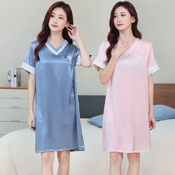 2024 Summer Short Sleeve Sexy V-neck Silk Satin Nightgowns for Women Korean Cute Sleepwear Nightdress Night Dress Home Nighty