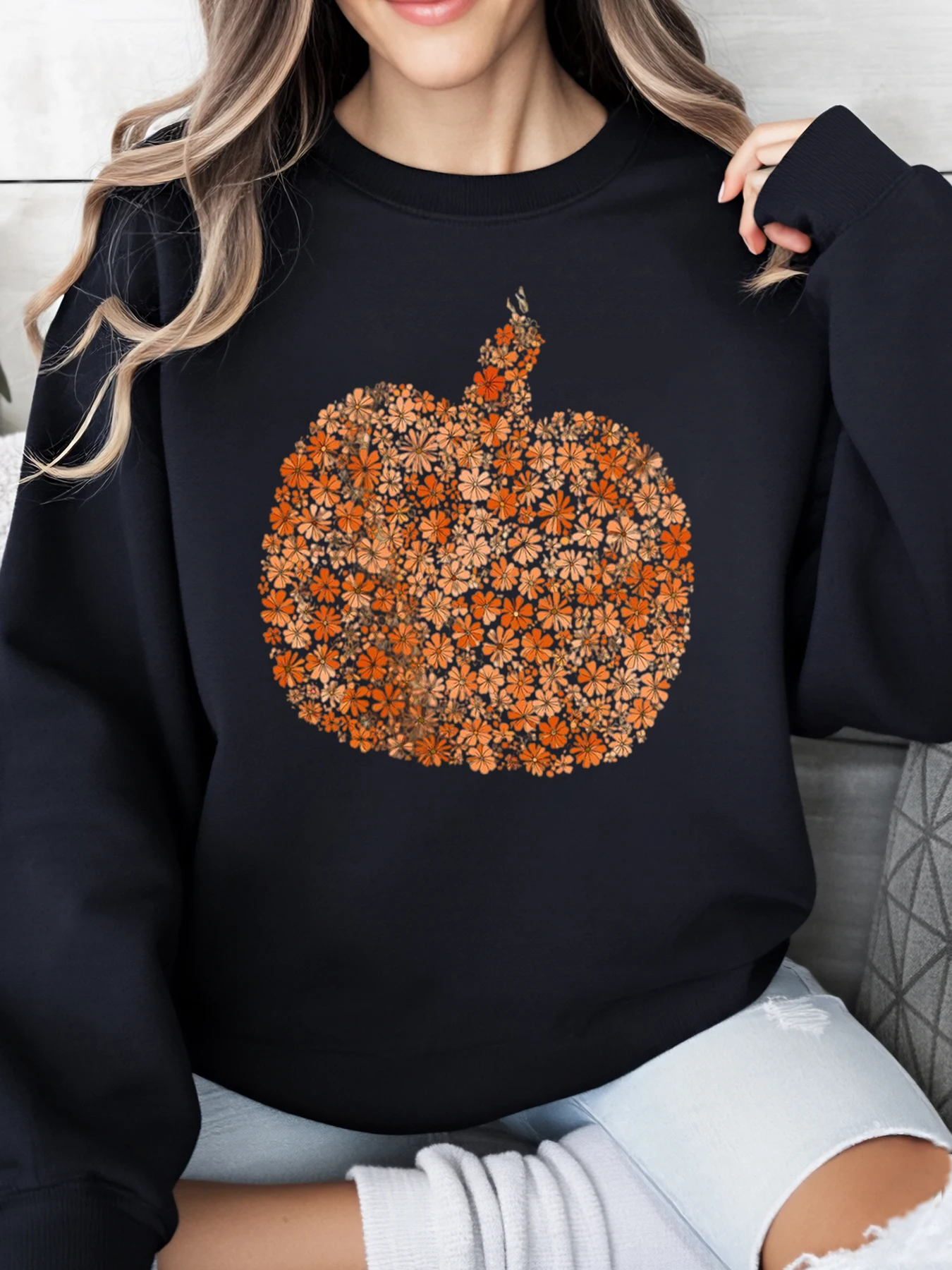 

Толстовка с круглым вырезом на Хэллоуин с цветочным принтом тыквы, женская осенне-осенняя повседневная одежда черного цвета больших размеров