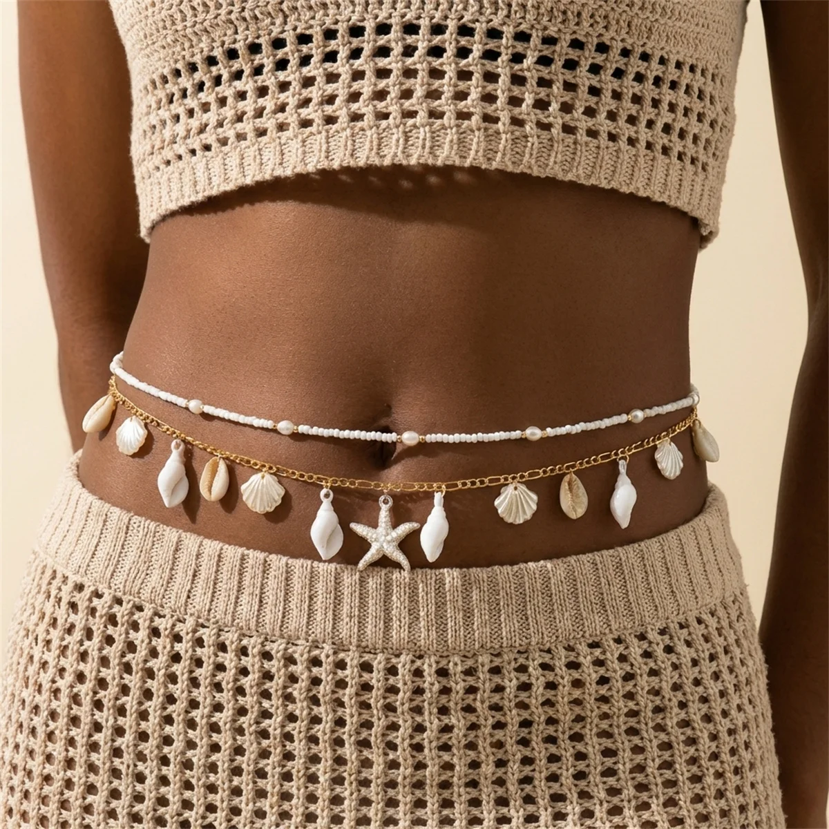 Sommerliche Strand-Taillenkette für Damen, Bohemian-Stil, doppellagig, mit Seestern- und Muschelperlen, Bauchkette, Urlaub, Bikini-Körperschmuck – Detail 1