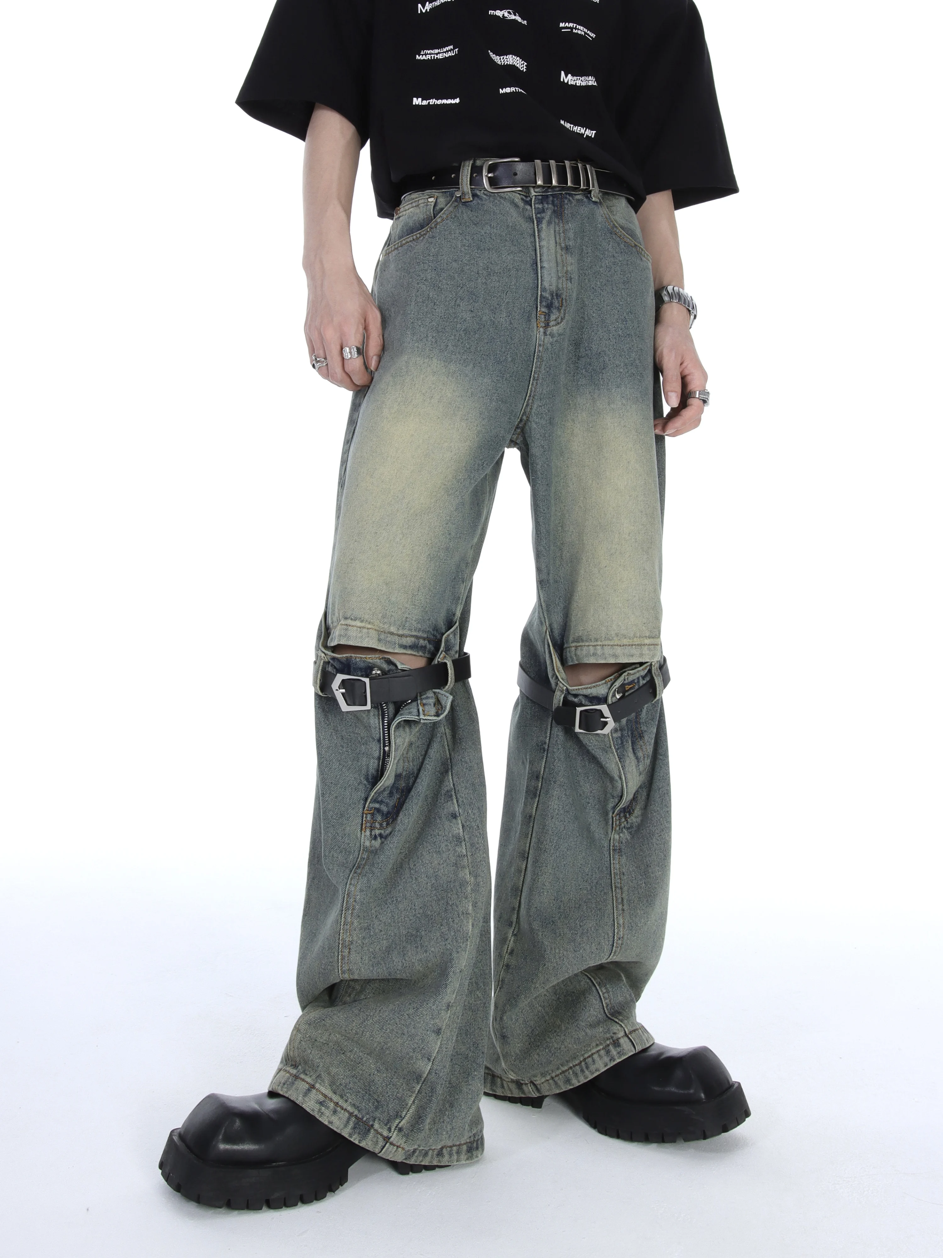 Retro Faded High Waist Men's Jeans Micro Flared Casual Versatile Long Pants Street Style INS Splicing Design Summer Leisure