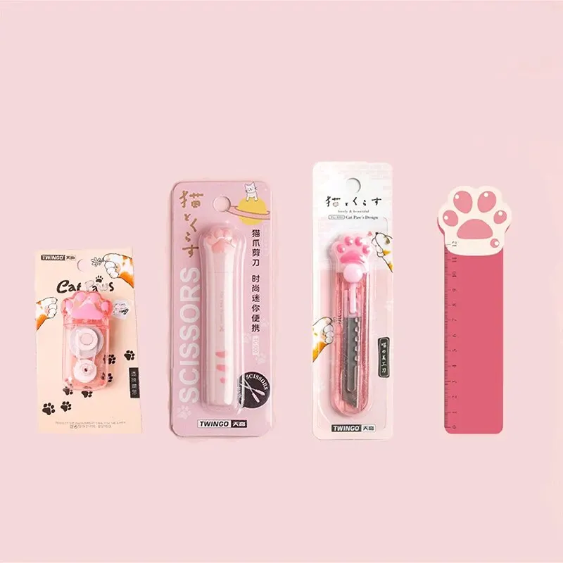 4 Pcs Correction Tape Scissors Utility Knife Ruler Cute Cat Paw Stationery Set Kawaii School Supplies for Cat Lovers