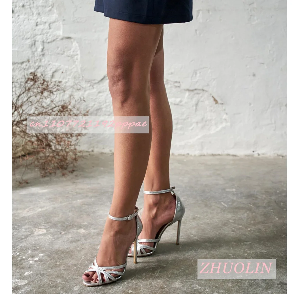 2026 New Summer Silver Open-Toe Wedding Shoes Women'S Buckle Strap Stiletto Sandals Fashionable Simple Casual Evening Shoes 46 - view 3