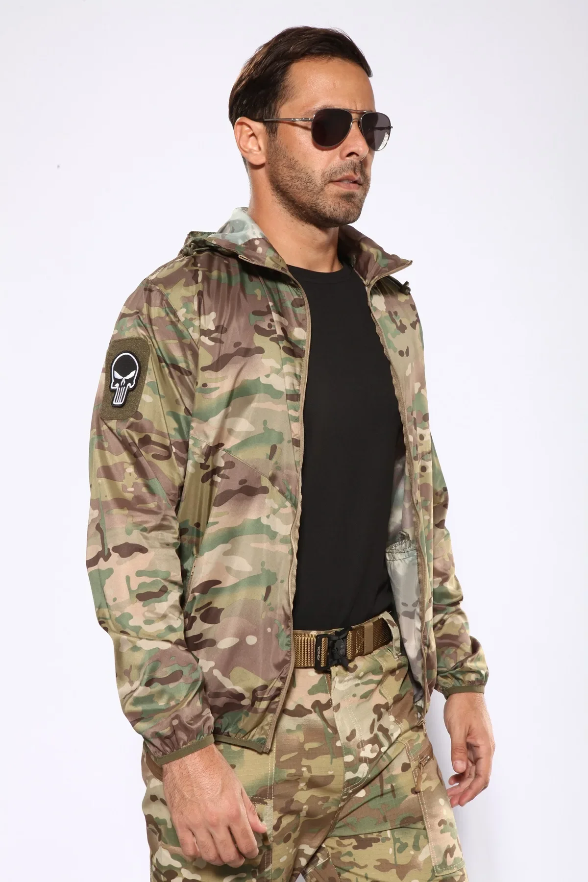 Tactical hooded camouflage skin suit outdoor skin suit trench coat jackets for men clothing