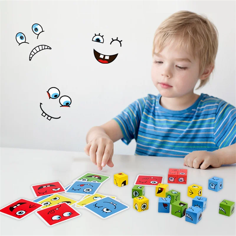 Puzzle Building Blocks Montessori Cube Cube Table Games Educational Toys Face Blocks Interactive Board Challenge learn Emoticon