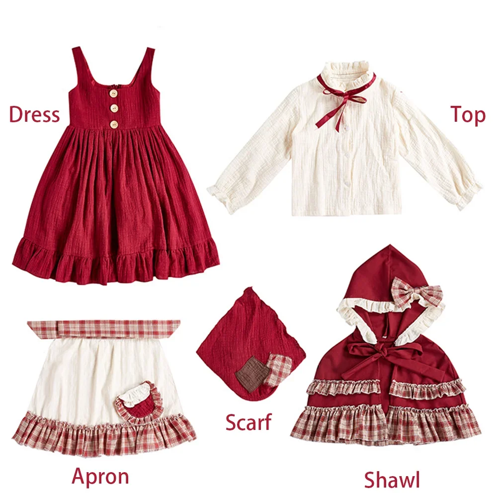 5 Piece Little Red Riding Hood Cosplay Dress for Girls Lolita Style Dress Kids Maid Halloween Dress Stage Drama Show Costume