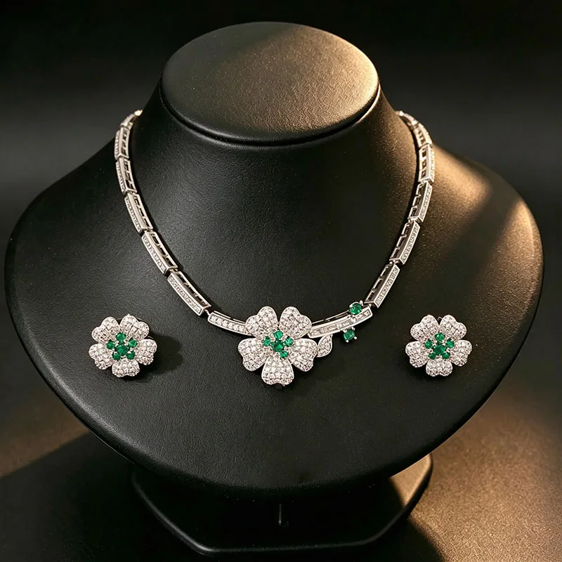 High Quanlity Emerald Cubic Zirconia Necklace Earrings Jewelry Set Five Leaf Choker Necklace Stud Earrings Open Ring for Women K