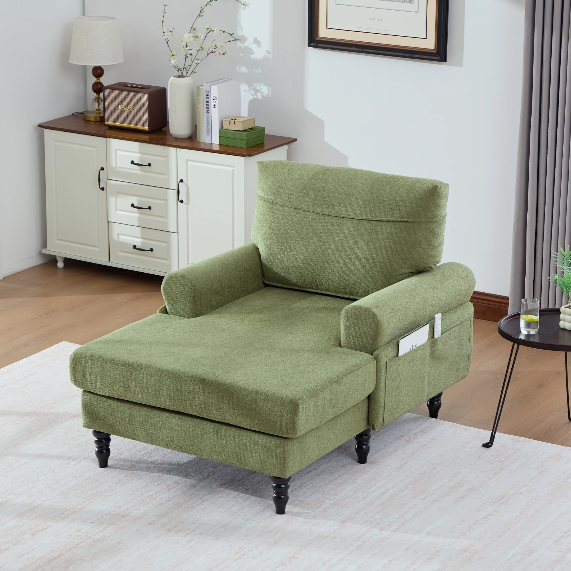Fauteuil lounge moderne et minimaliste en velours, canapé simple pour chambre à coucher, pieds de canapé en bois avec dossier et accoudoirs confortables