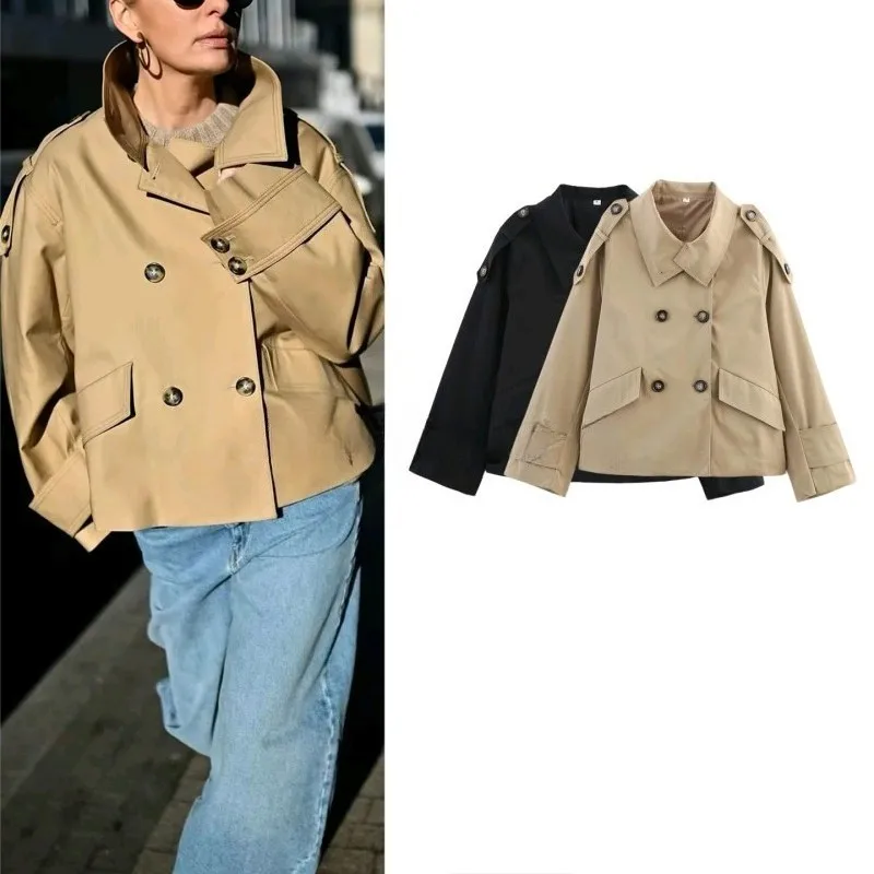 

Cropped Trench Coat Classic Notched Lapel Double Breasted Shoulder Epaulets Short Windbreaker Khaki Black Spring Outerwear