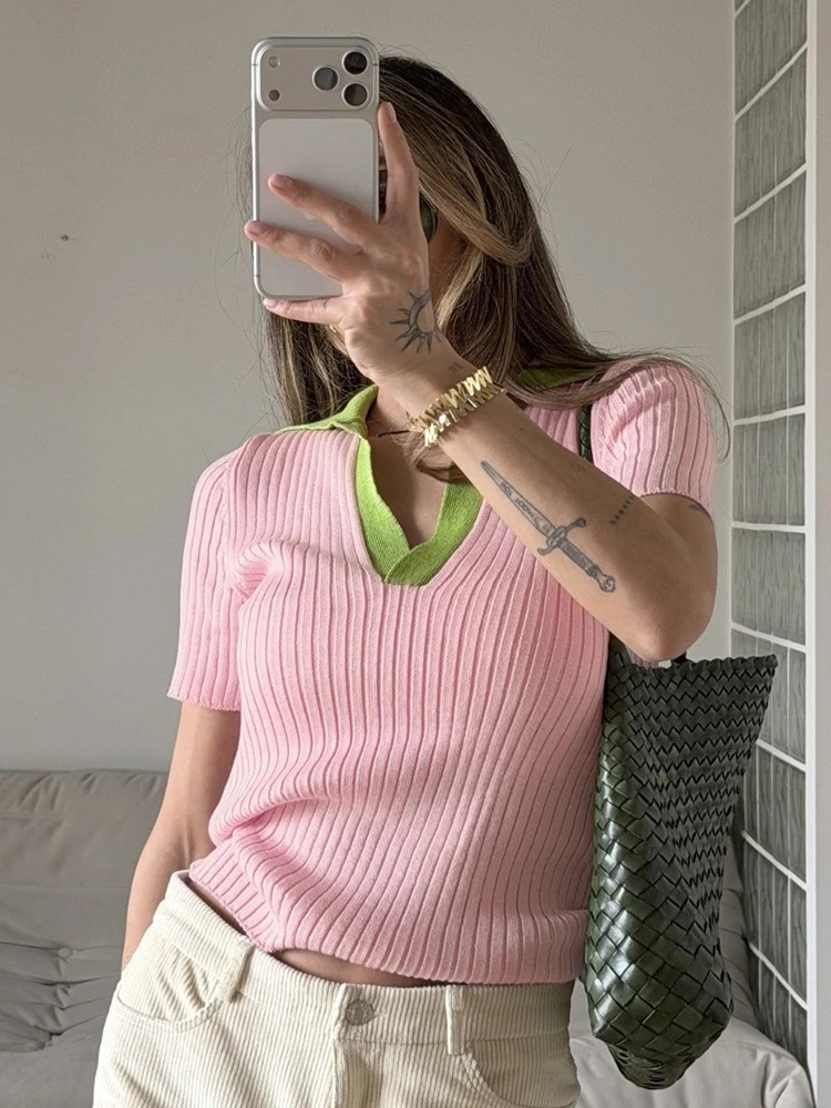 Fashion Polo Collar Knitted T-shirt for Women 2026 Autumn Short Sleeve Pullover Tops Female Casual Slim Pink Sweater T Shirts