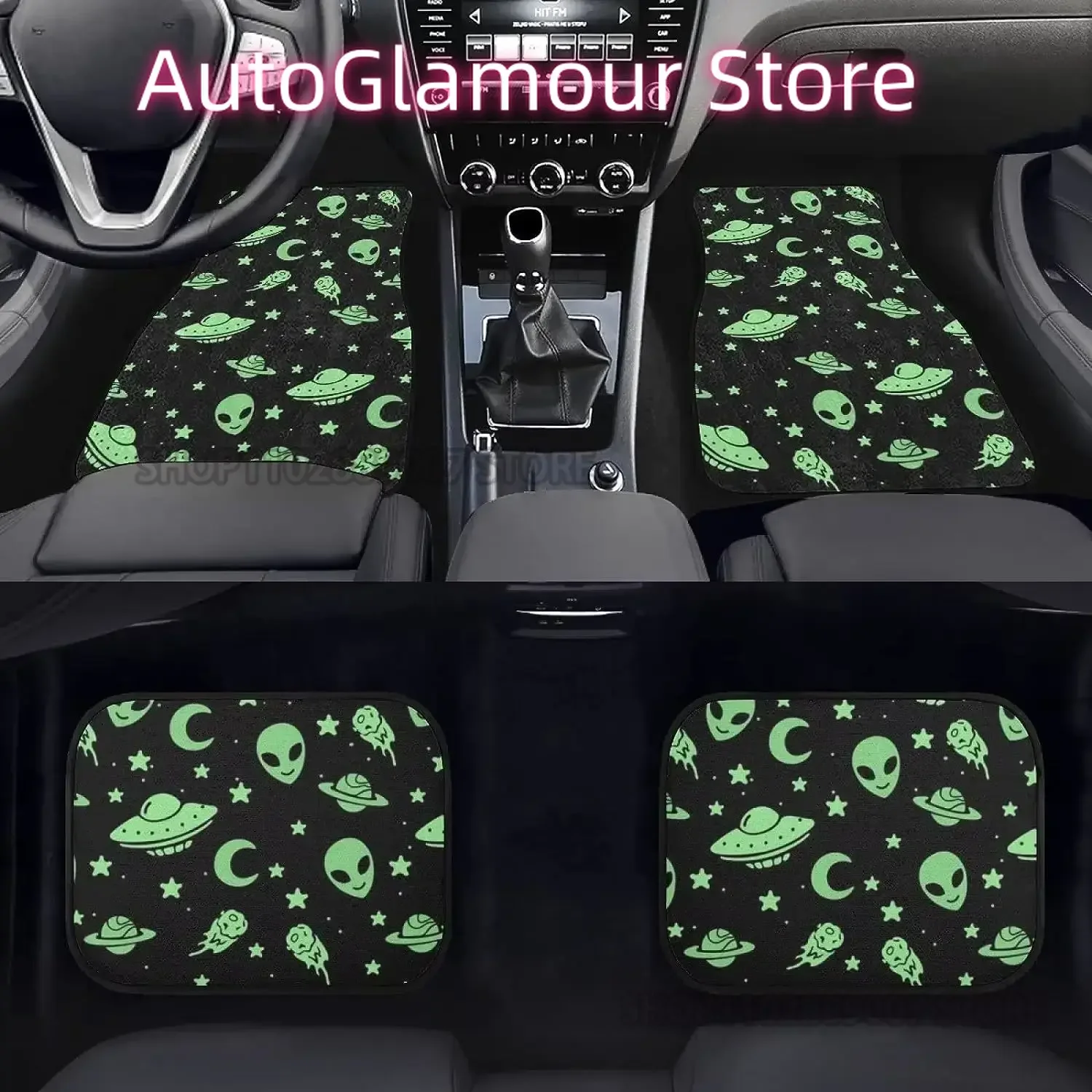 Green Alien Moon UFO Car Front Back Floor Mats Full Set of 4 Non-Slip Rubber Backing Foot Carpet for Cars Interior Accessories