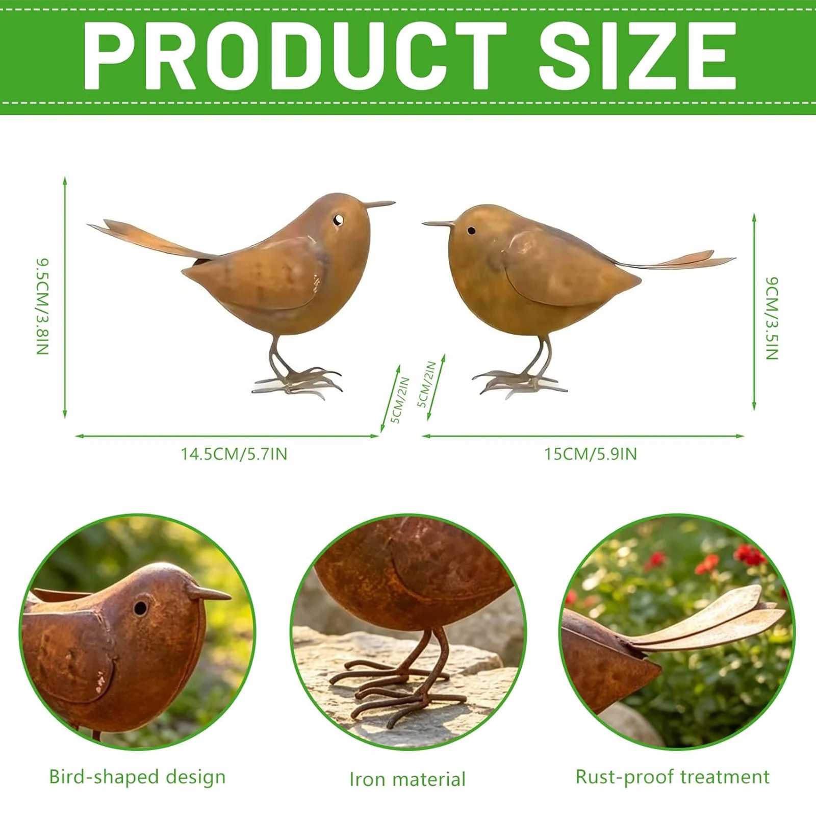 2Pcs Iron Bird Figurine Vintage Rustic Metal Birds Metal Bird Ornament Decorative Songbird Figurines for Yard Patio Lawn