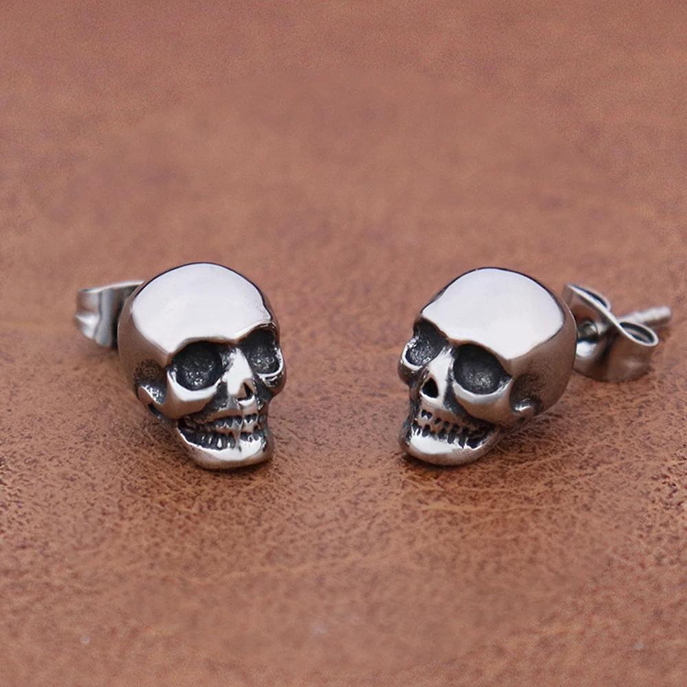 Vintage Gothic Skull Stud Earrings Stainless Steel Skeleton Jewelry Punk Hip Hop Small Earrings for Women and Men Halloween Gift