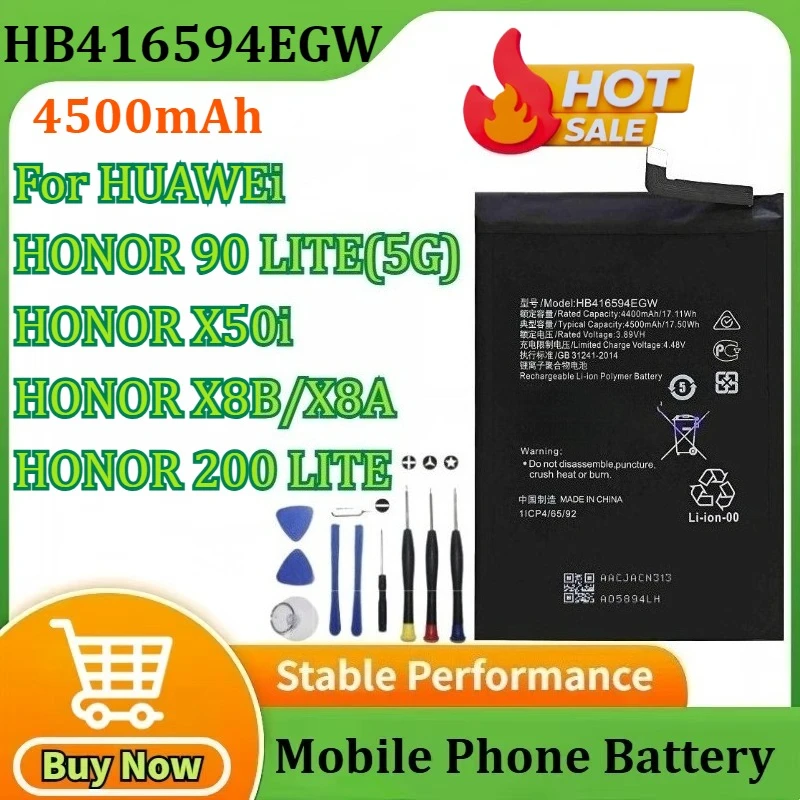 

HB416594EGW 4500mAh Battery for HUAWEi HONOR X50i/ X8A/HONOR 90 LITE(5G) /HONOR X8B/HONOR 200 LITE Mobile Phone Battery + Tools