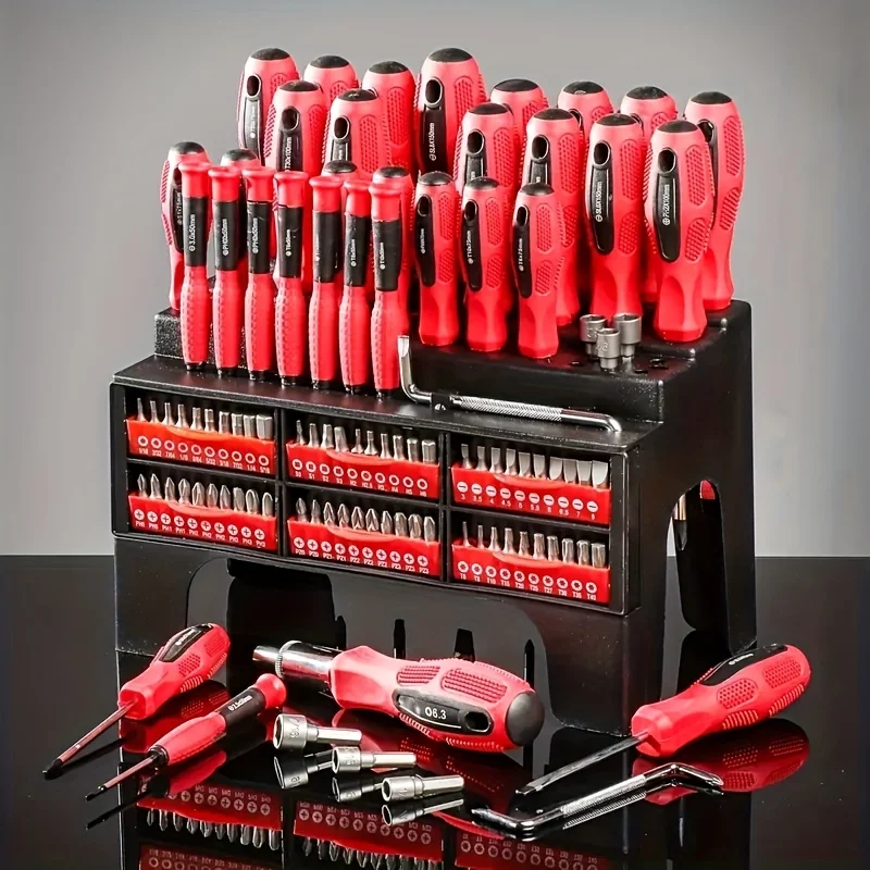 

Набор из 100 магнитных отверток с пластиковым органайзером, включающий прецизионные отвертки, крючок-съемник и т-образную отвертку.