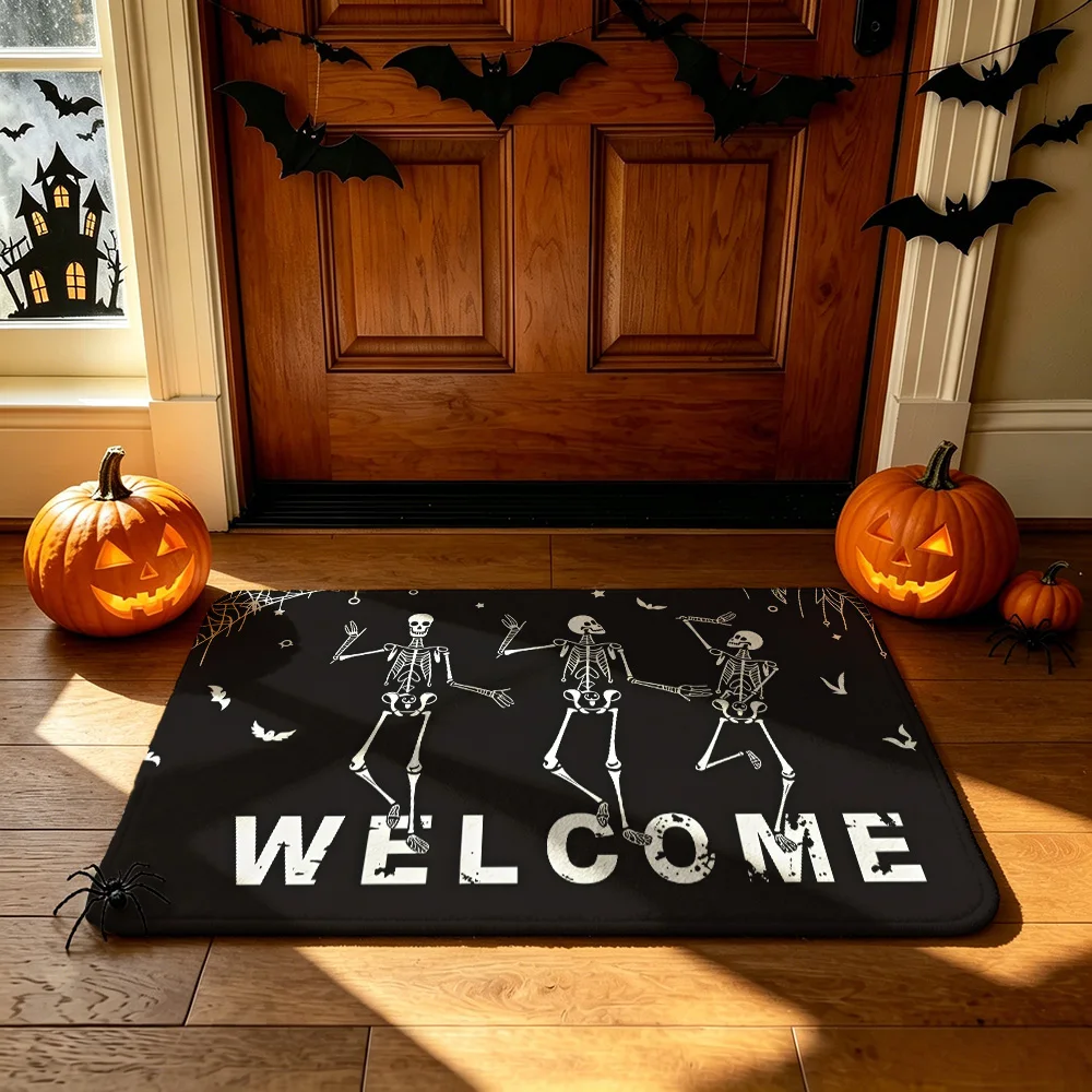 1PC Dancing Skeleton WELCOME Entrance Door Mat Flannel Silicone Round Dot Anti Slip Floor Rug Stylish Decor Entryway Bathroom