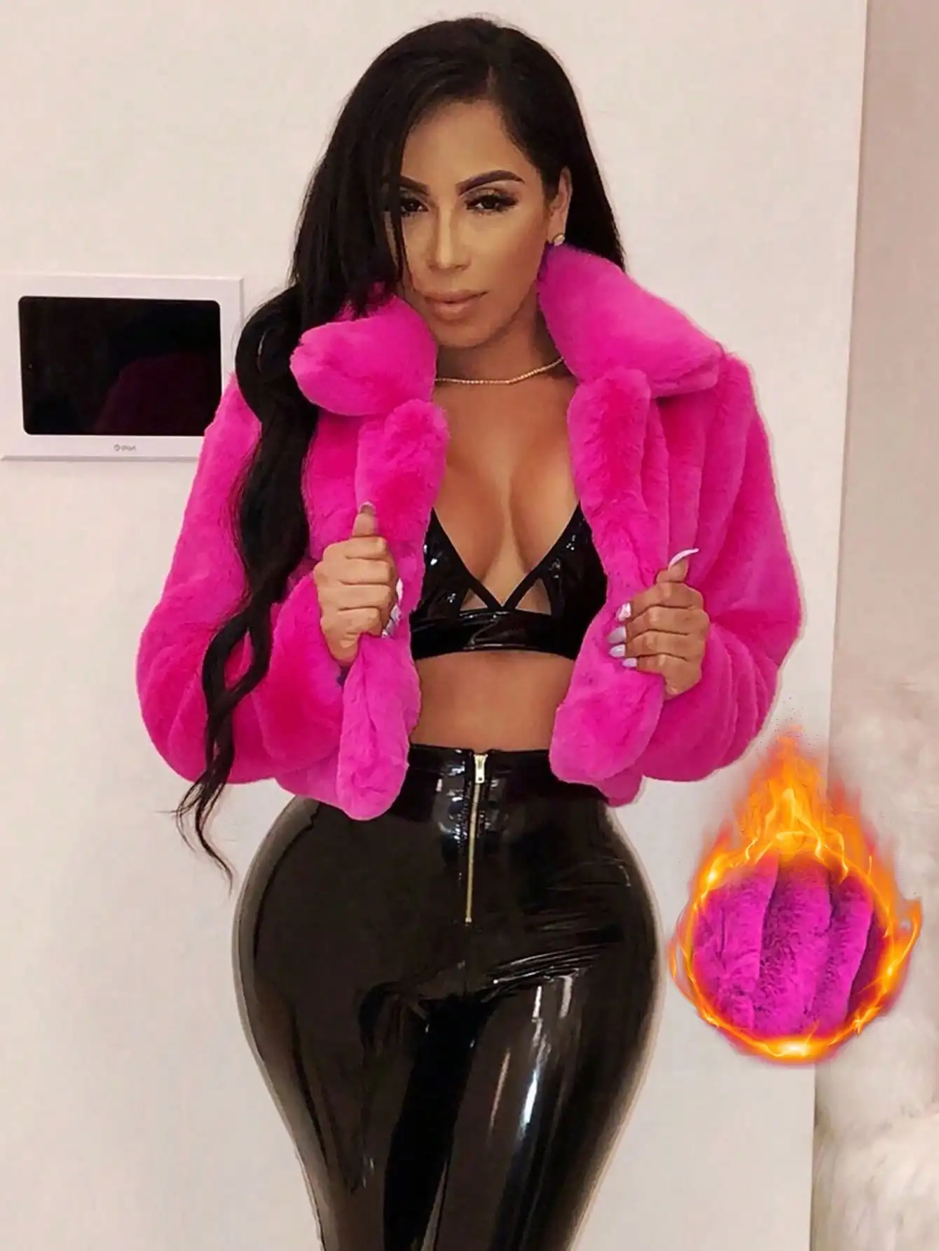 

Ярко-розовая укороченная куртка из искусственного меха для женщин, теплая зимняя верхняя одежда