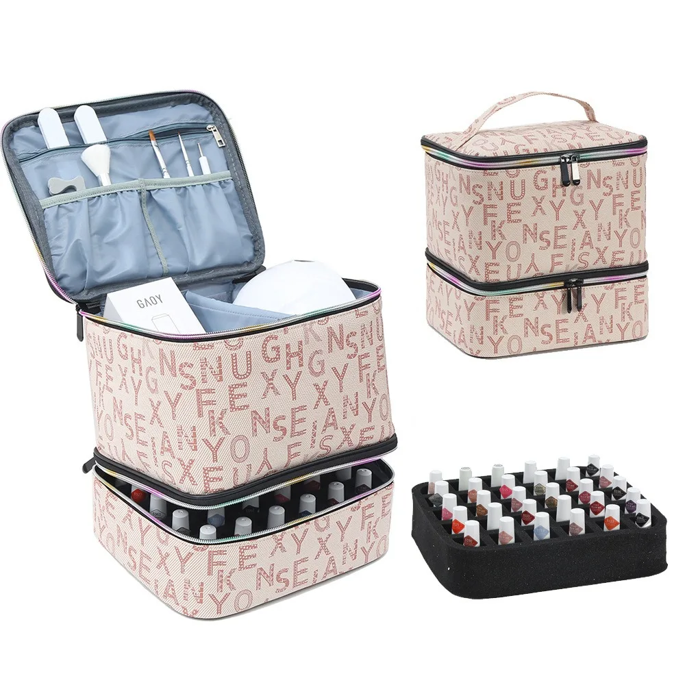 

New Double Layer Nail Polish Organizer Bag Large Capacity 30 Compartment Nail Care Kit Bag Handheld Makeup Bag for Nail Lovers