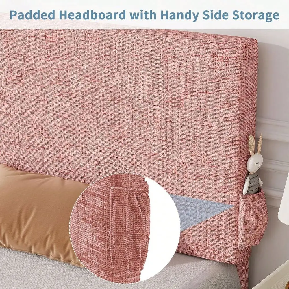 Bed Frame With Headboard, Upholstered Platform Bed Frame With Bedside Storage, Chenille Fabric, Twin Bed Frame For Girls Boys,
