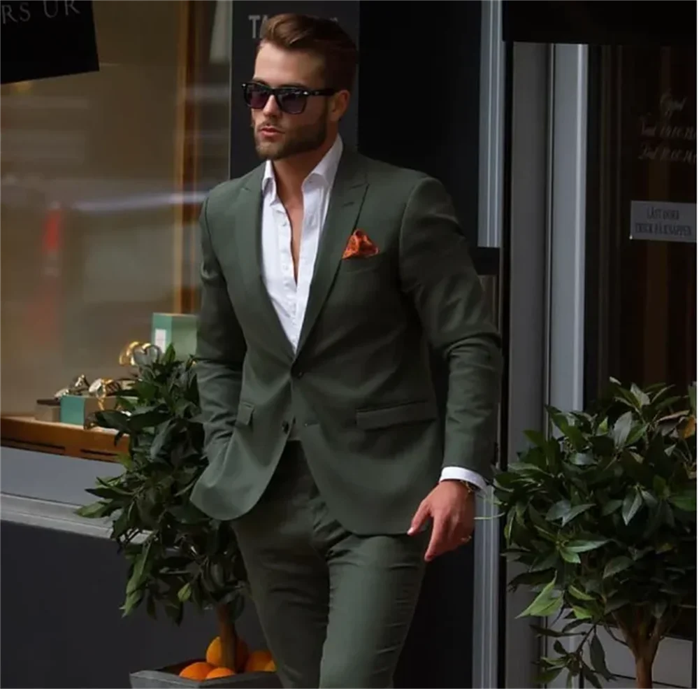 

2 Pieces Casual Stylish (Jacket+Pants) Dark Green Men Suits Slim Fit Groom Tuxedo Fashion Custom Suit Set Wedding Luxury