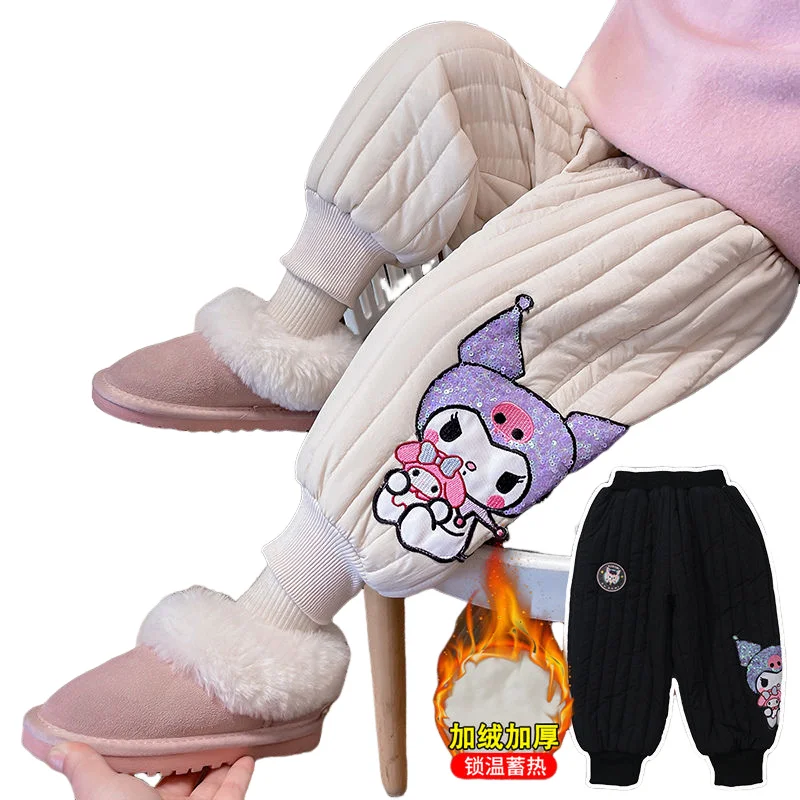 Sanrio Girl Cotton Pants Winter Velvet Thicken Child Keep Warm Pants Kuromi My Melody Cartoon Fashion Kawaii New Casual Pants