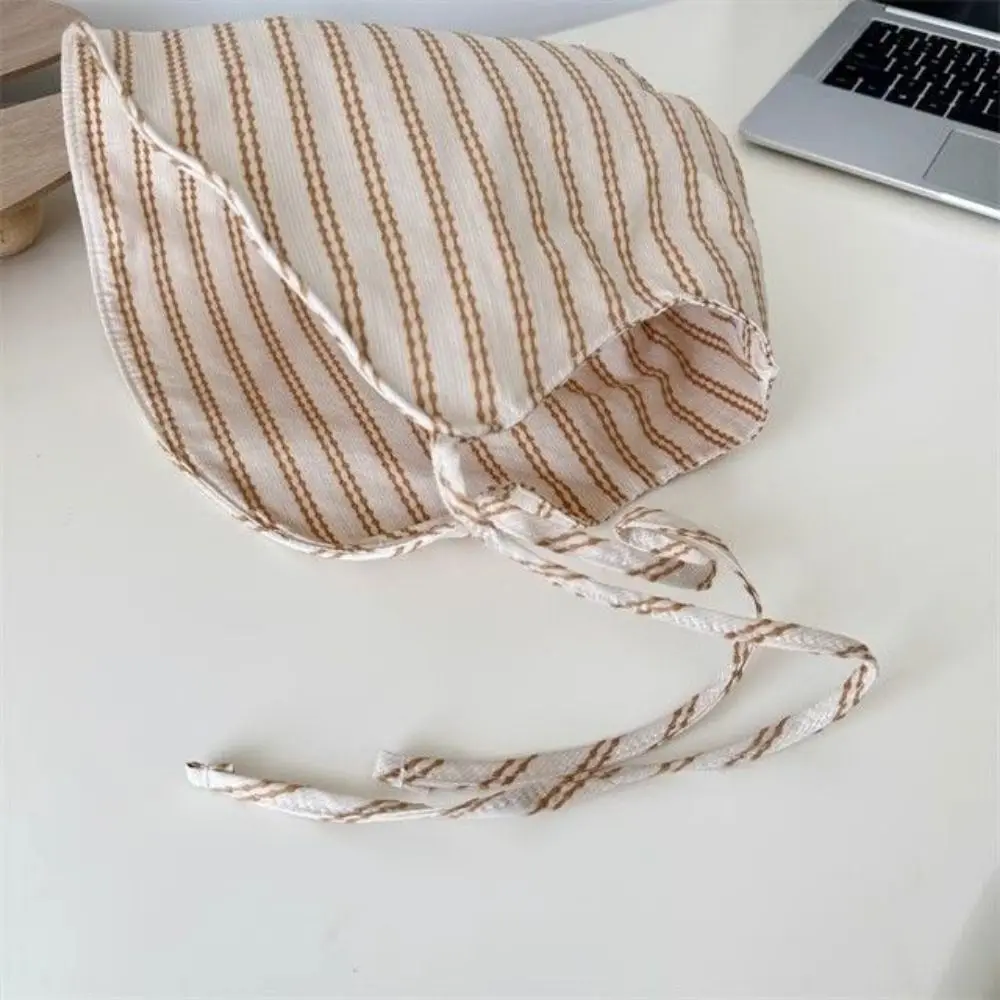 French Style Large Brim Sun Protection Hat UV Resistant Foldable Striped Fisherman Hat with String Wide Brim Bucket Hat Beach