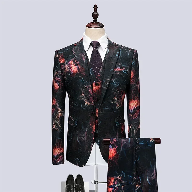 

2024New Fashion Casual Large Size Men's Suit Fine Color Printed Groom Wedding Dress Three-piece Set Trajes Elegante Para Hombres