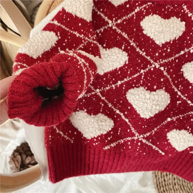 

Girls' Sweater Red Thickened Christmas and New Year Sweater Children's Fashionable Love Jacquard Round Neck Knitted Sweater