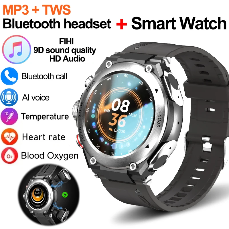 Smart Watch With Earbuds Bluetooth Headset Smartwatch With Speaker Tracker Music Heart Rate Monitor Sports Watches for Man Women