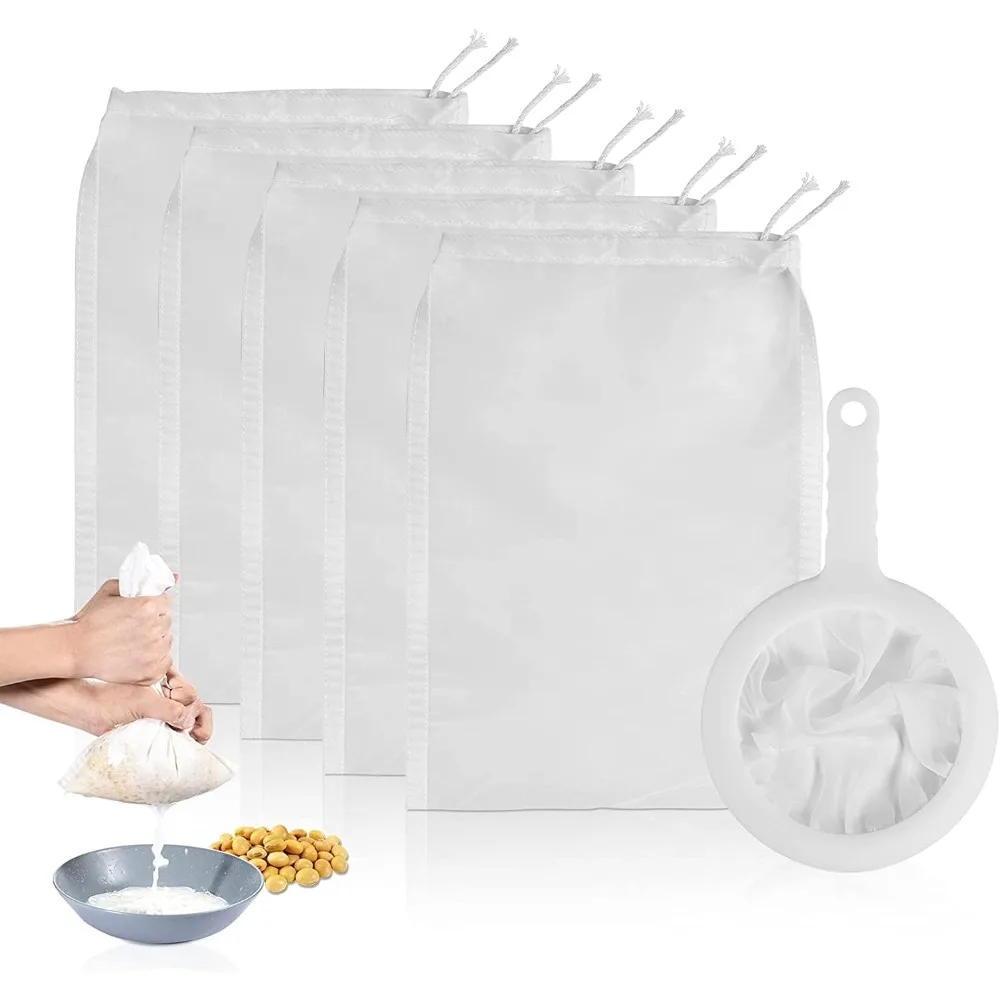 

6 Pack - 200 Mesh Fine Mesh Strainer & Nut Milk Bags, Reusable Food Strainer - Food Grade BPA-Free - Ultra Strong Fine Nylon Mes